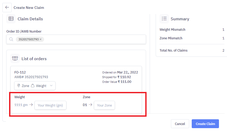 Add the correct weight in gms to create a claim for weight mismatch on Delhivery Client Panel