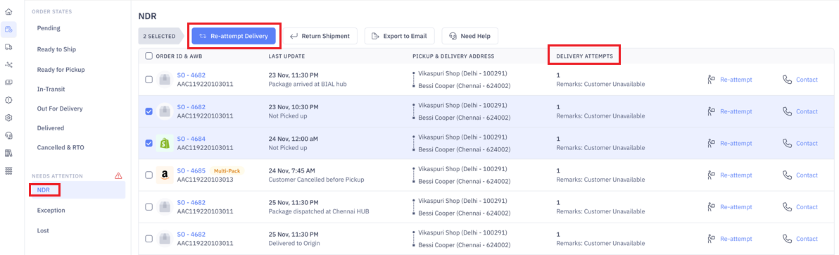 Non Delivery Report (NDR) - Exceptions & NDR