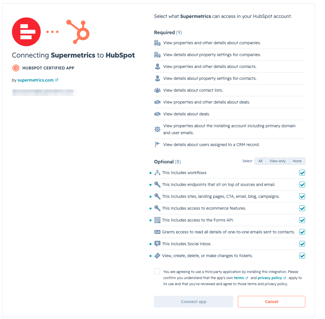 Connecting Supermetrics to HubSpot, detailing required and optional access permissions.