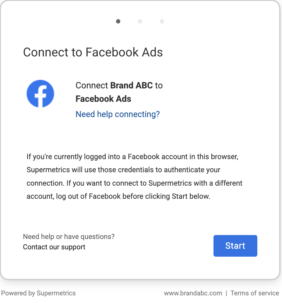 Instructions to connect Brand ABC to Facebook Ads using Supermetrics.