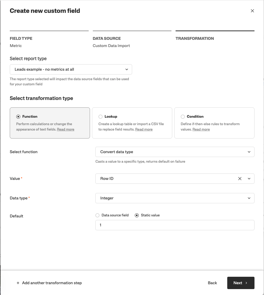 Creating a custom field with data source and transformation options in a software interface.