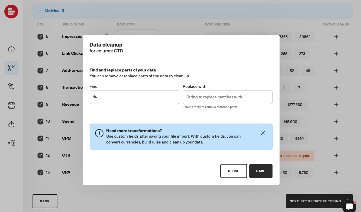Data cleanup interface for column CTR, showing find and replace options.