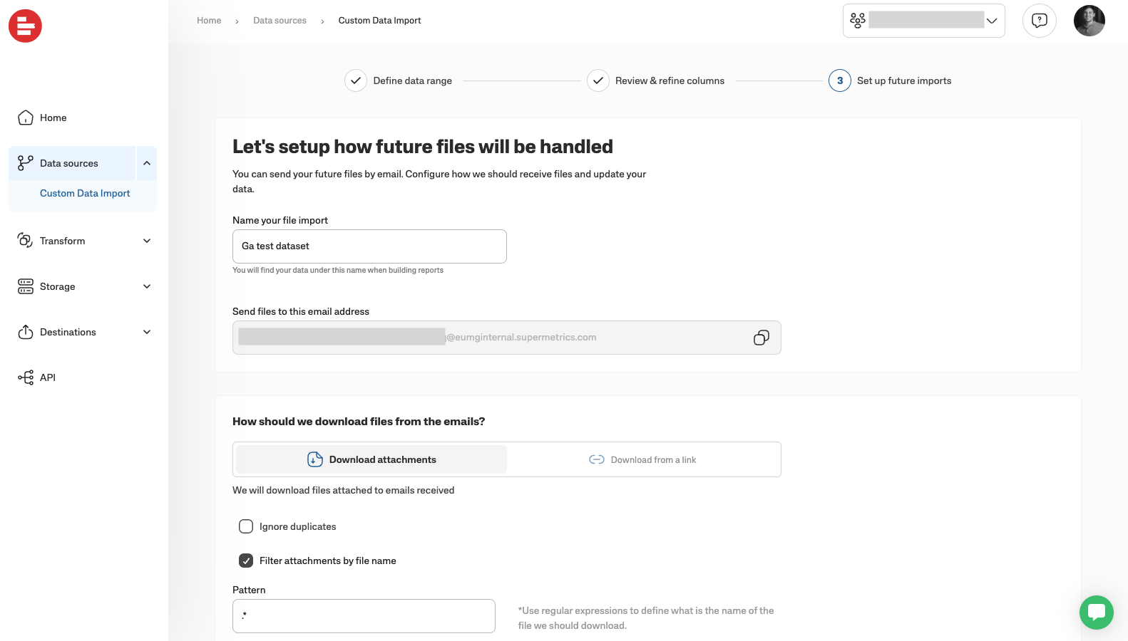Setup for future file imports via email, including naming and attachment options.
