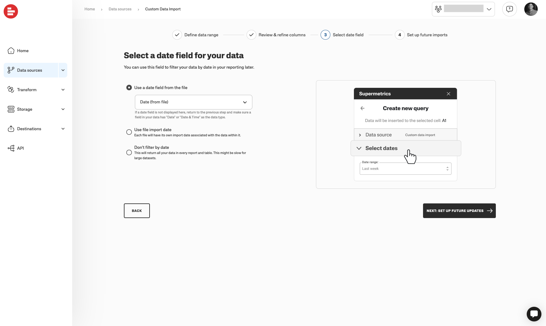 Select a date field for data import in the custom data import interface.