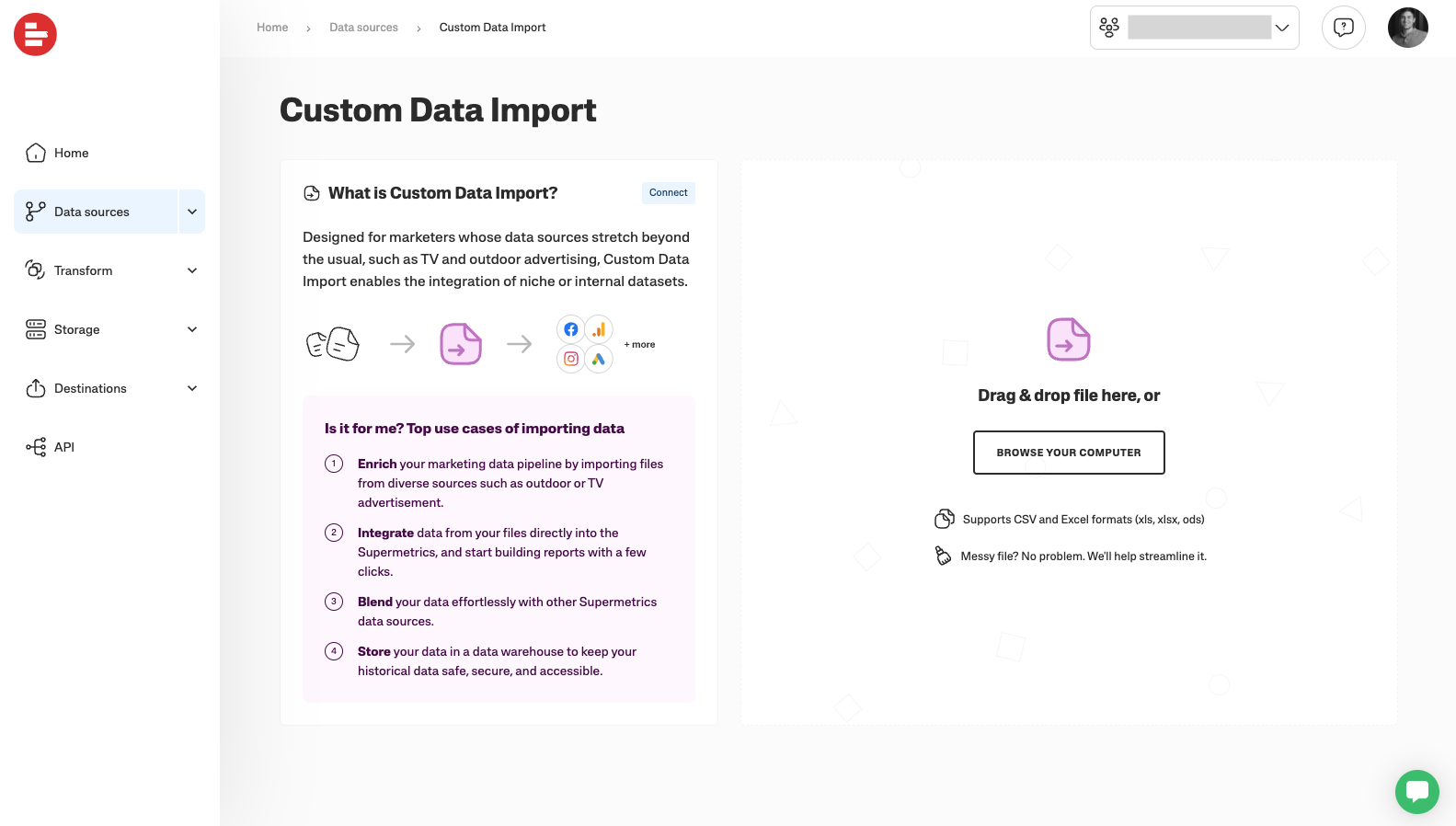 Overview of Custom Data Import features and file upload options for marketers.