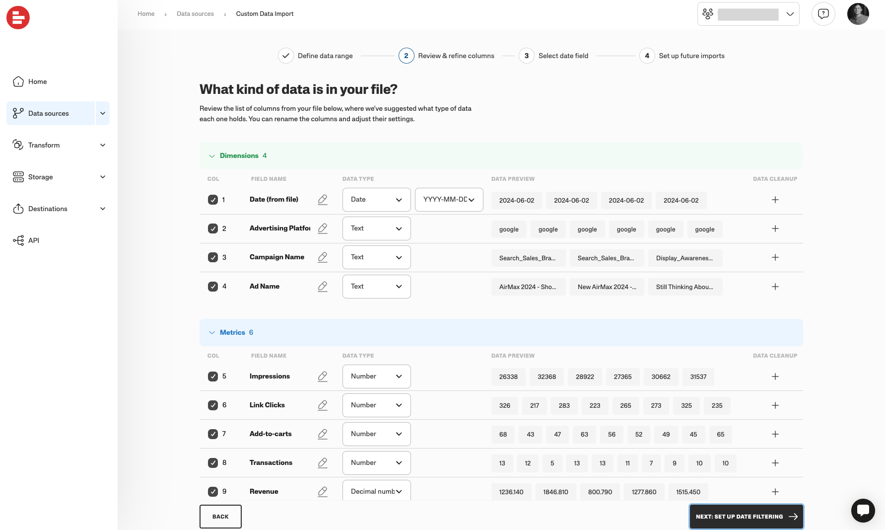Overview of data import settings with dimensions and metrics for analysis.