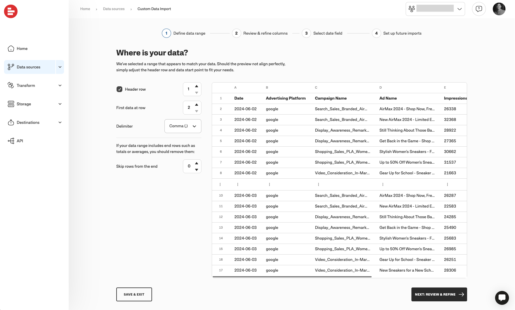 Data import interface showing data range selection and preview of data columns.