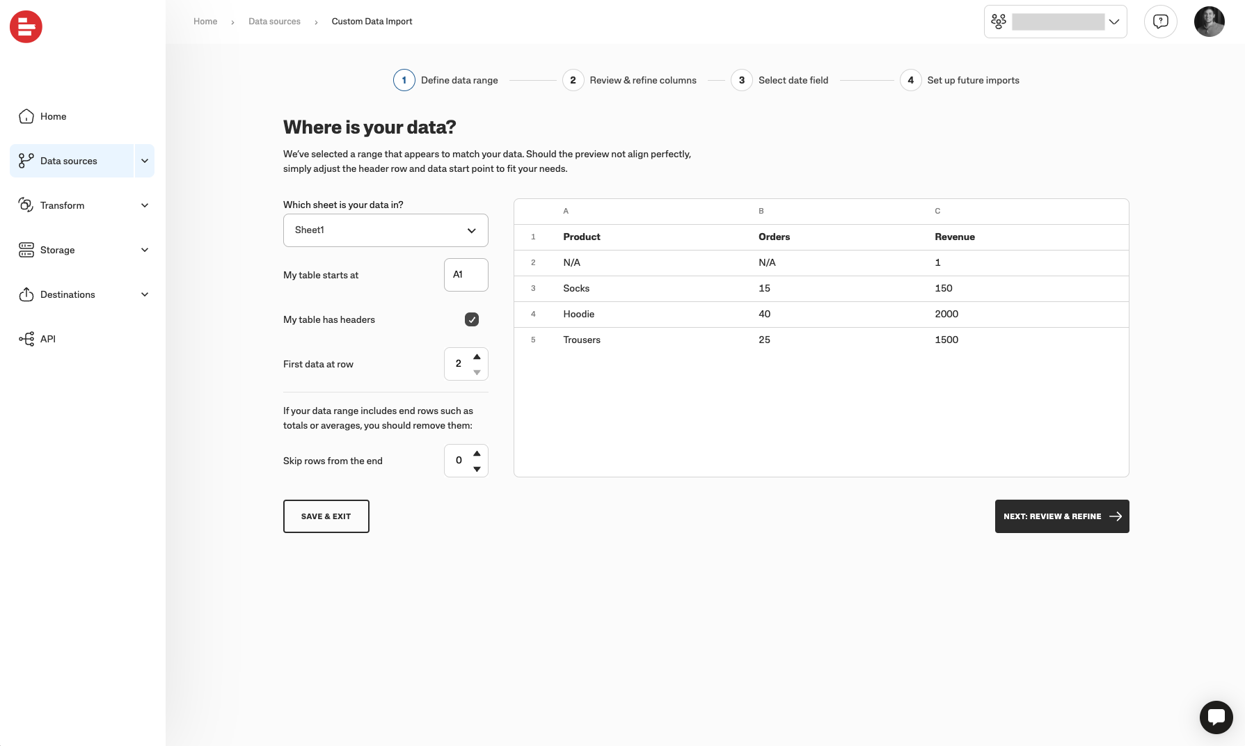 Data import interface showing product orders and revenue details in a table format.