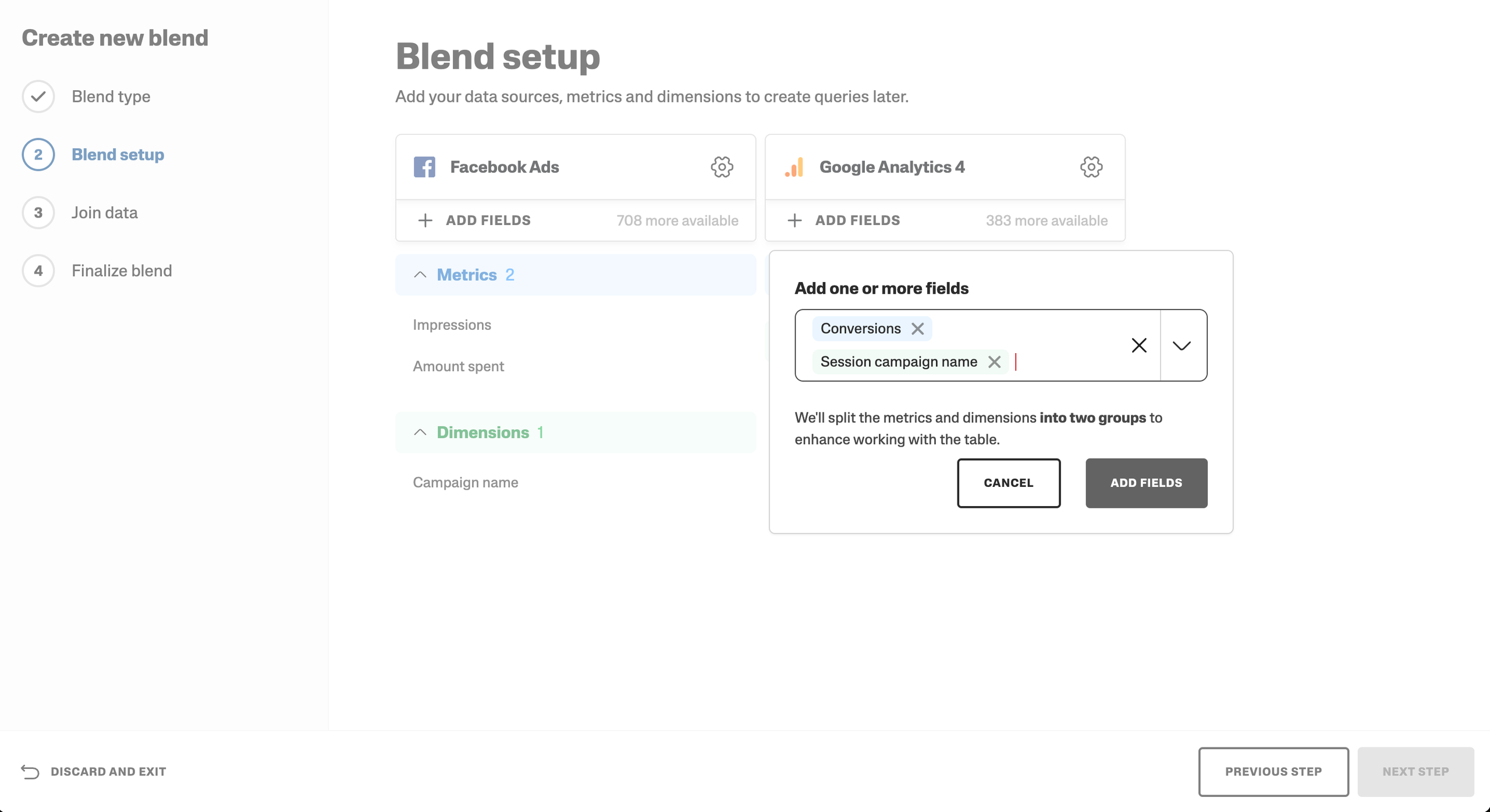Setup screen for blending Facebook Ads and Google Analytics data with selected fields.