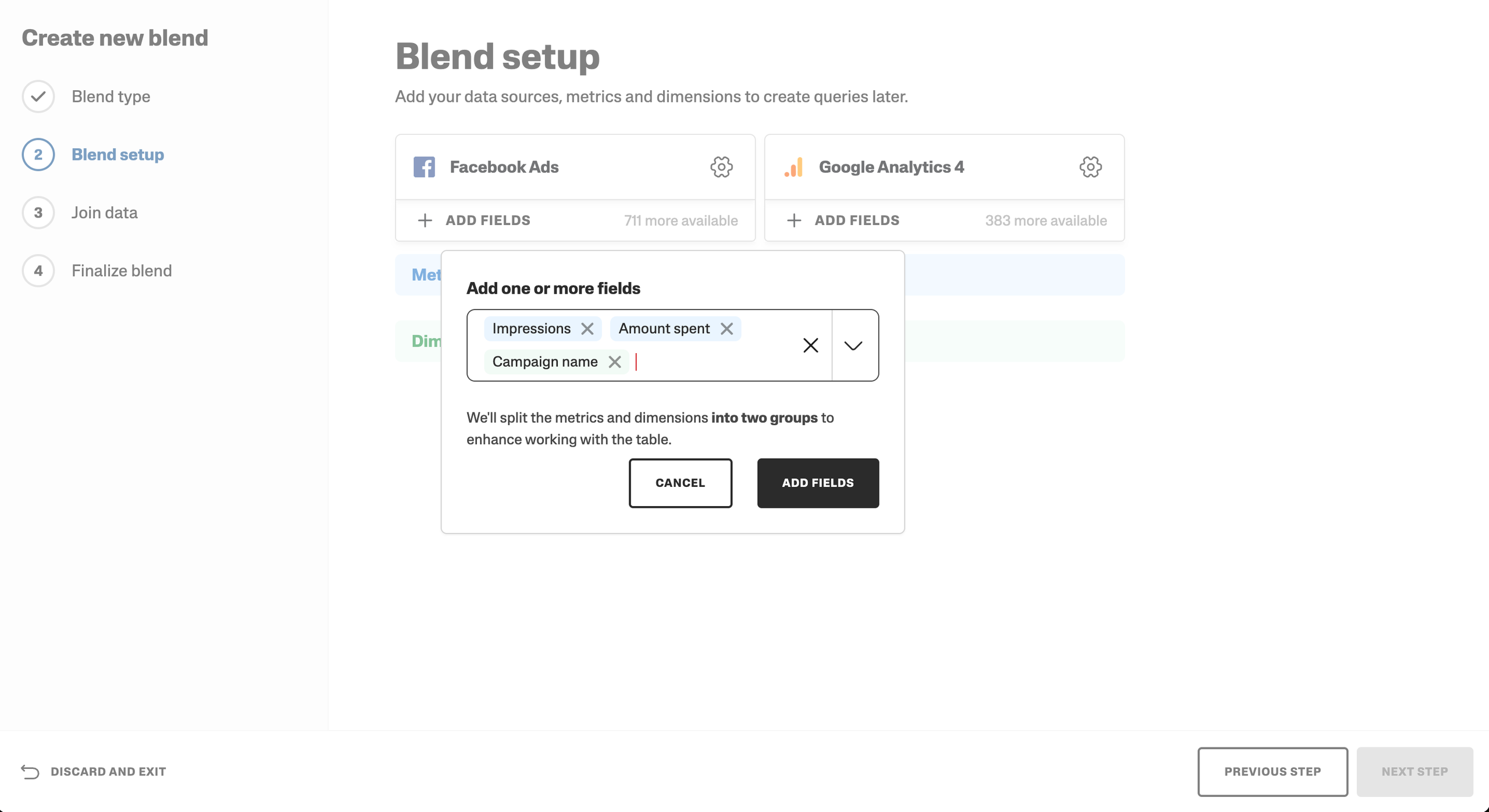 Setup screen for blending Facebook Ads and Google Analytics data fields.