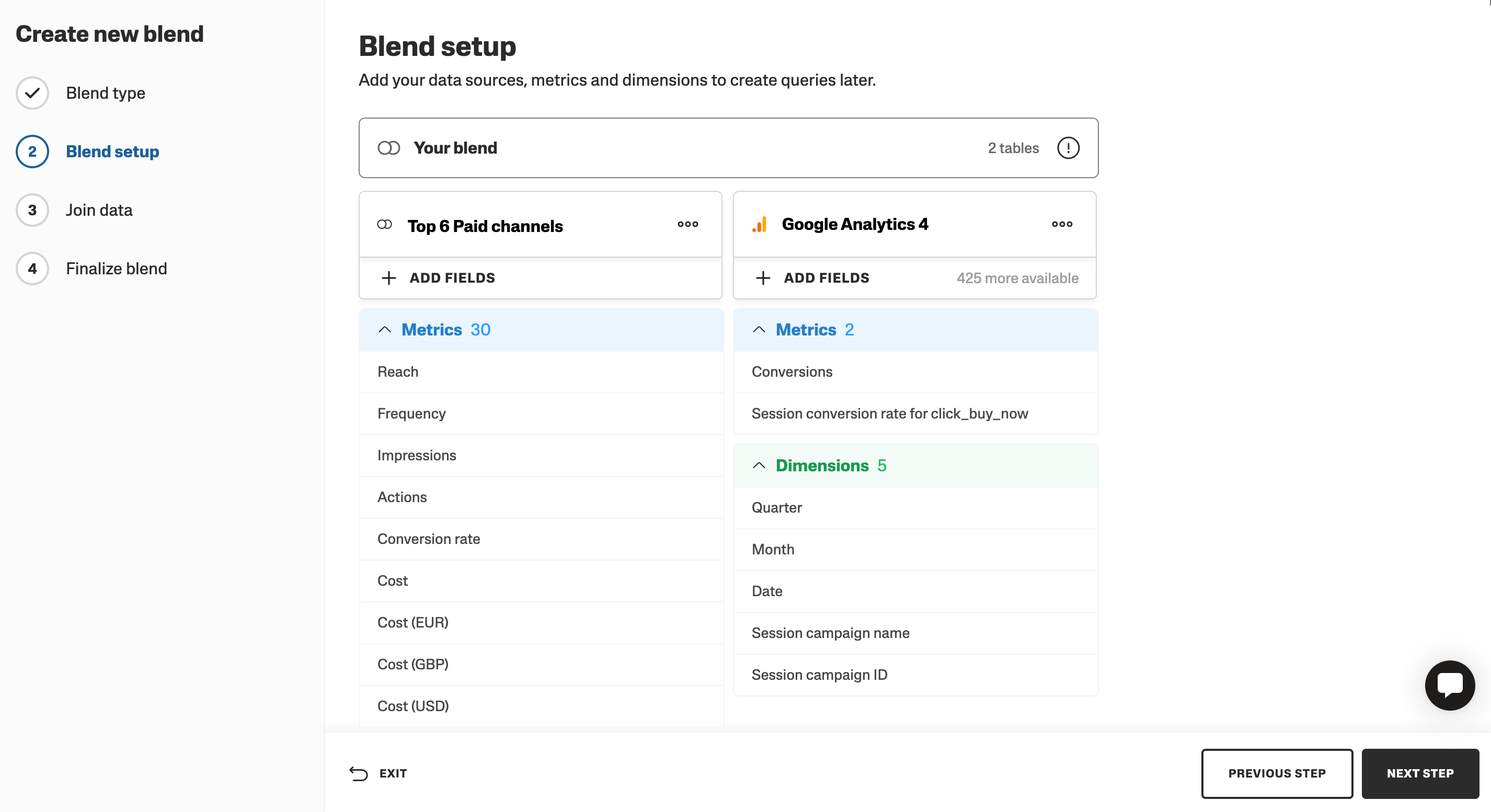 Setup for blending Google Analytics and paid channels metrics and dimensions.