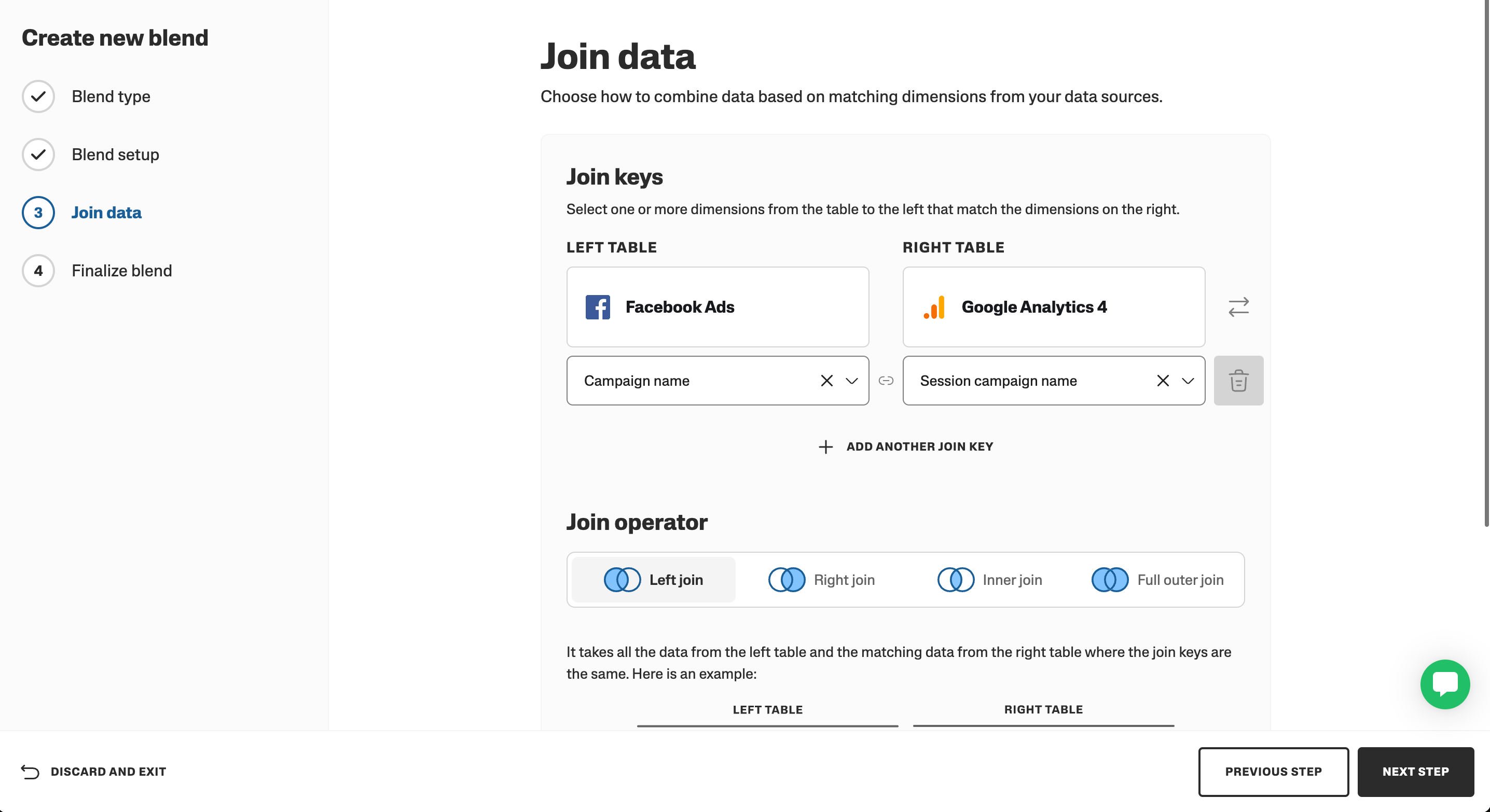 Setup for joining data from Facebook Ads and Google Analytics 4 tables with join keys and join operators.