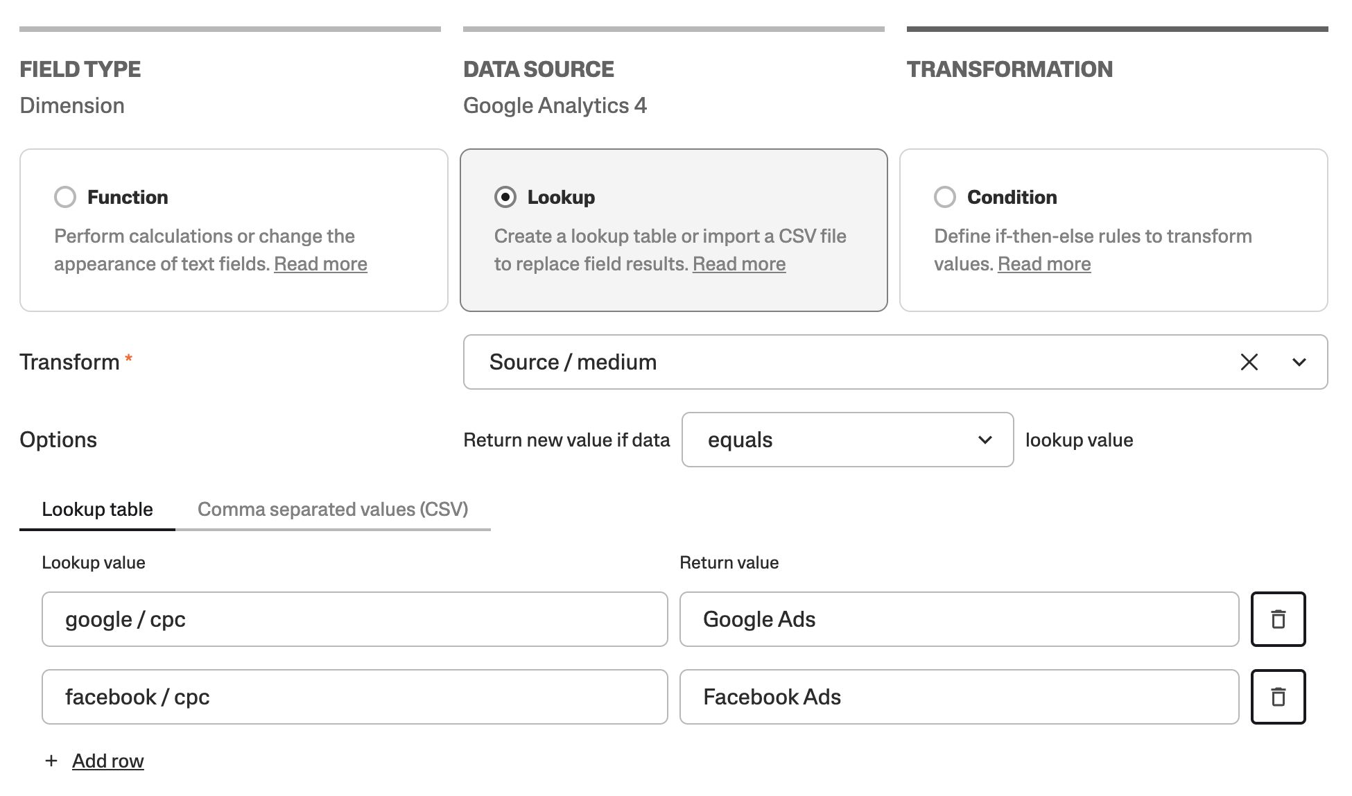 Google Analytics 4 setup for transforming source/medium data using lookup tables.