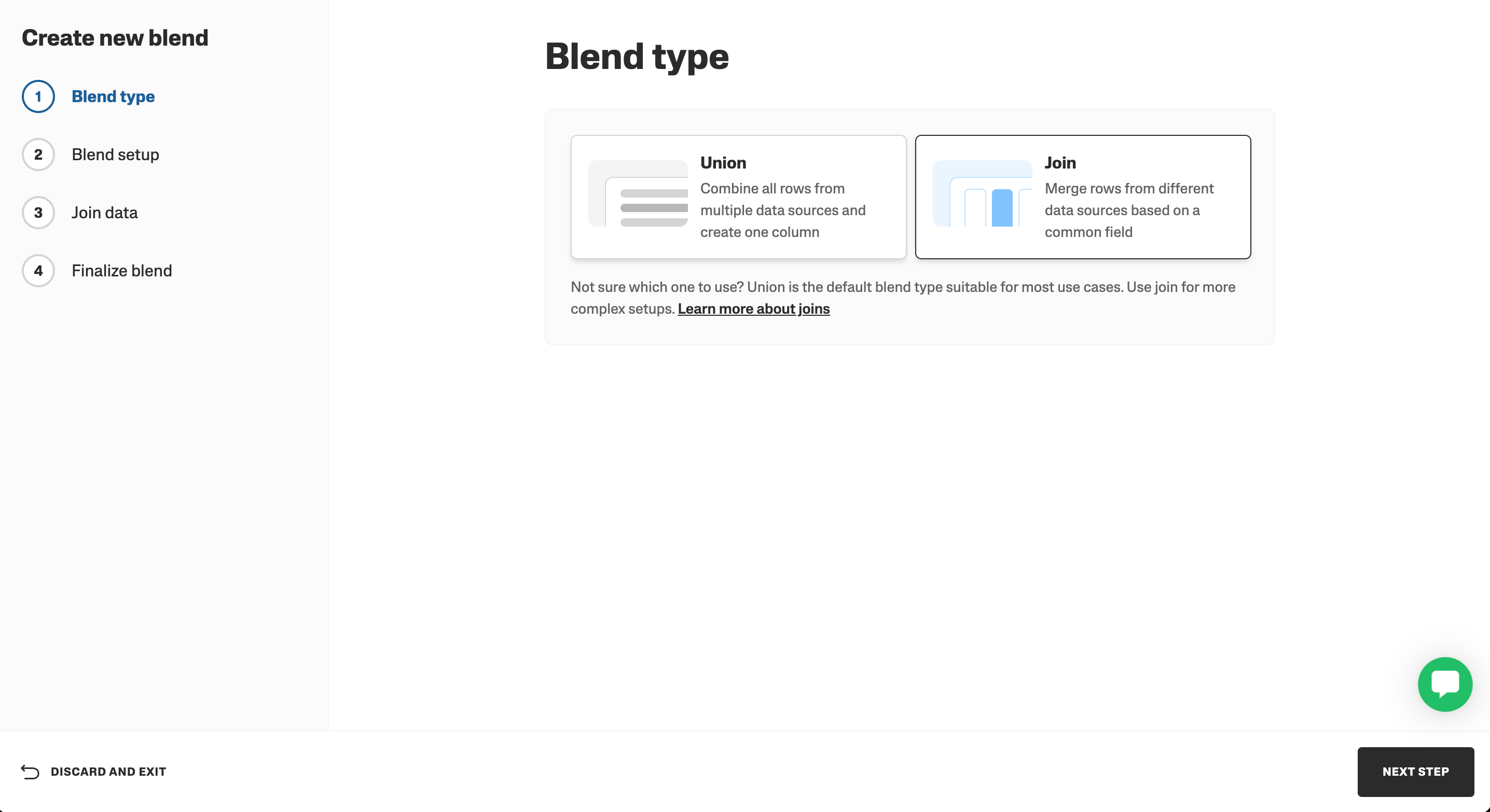 Options for blend types: Union combines rows, Join merges based on common fields.