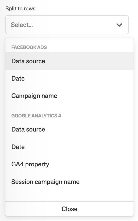 Dropdown menu displaying options for Facebook Ads and Google Analytics 4 dimensions.