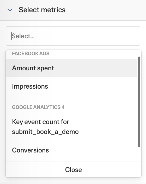 Dropdown menu displaying metrics for Facebook Ads and Google Analytics options.
