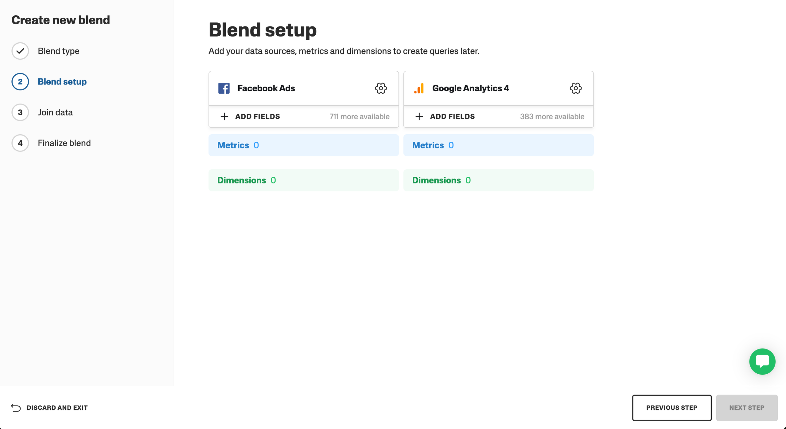 Setup page for blending with Facebook Ads and Google Analytics data sources.