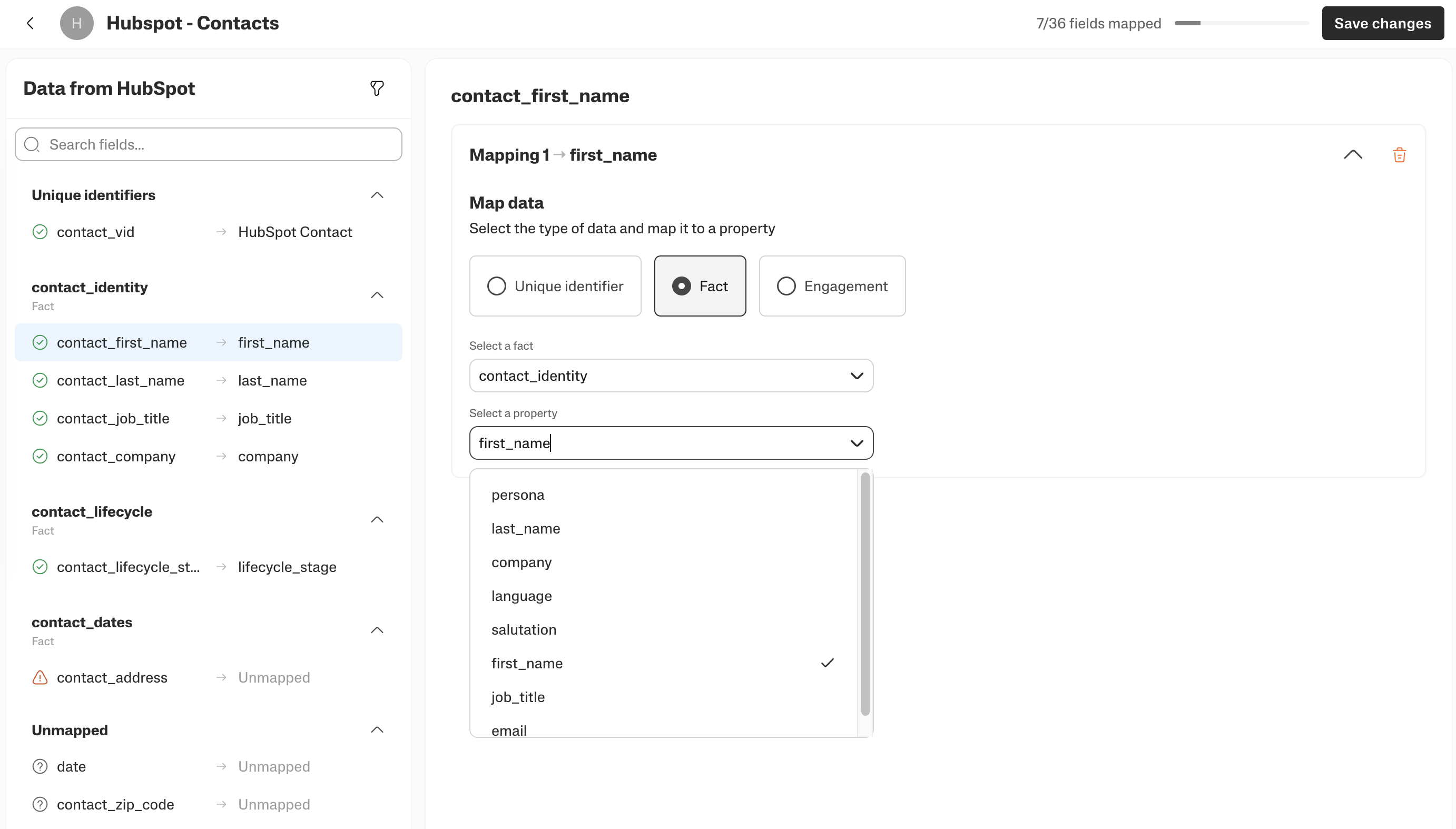 Mapping contact data fields in HubSpot for first name and other identifiers.