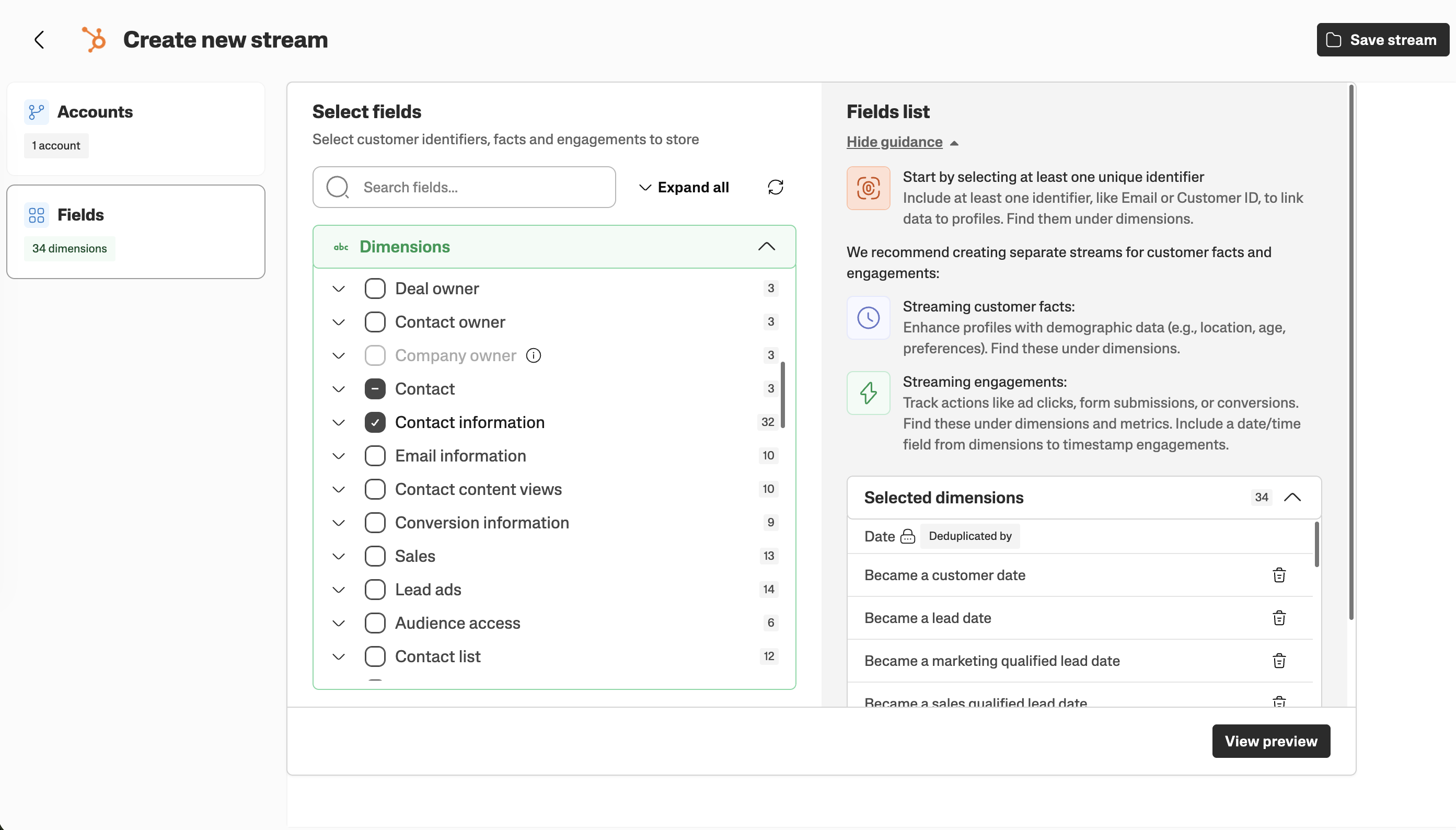 Interface for creating a new stream with various customer data fields listed.