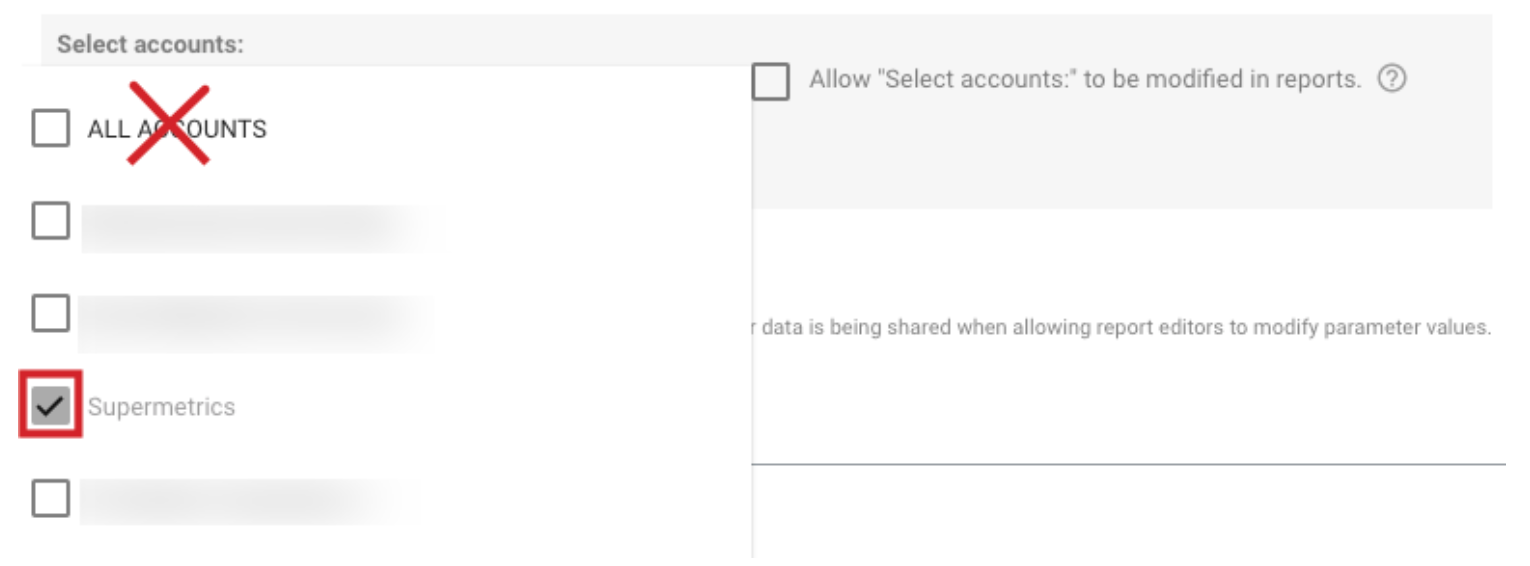 Select accounts option showing Supermetrics checked and All Accounts crossed out.