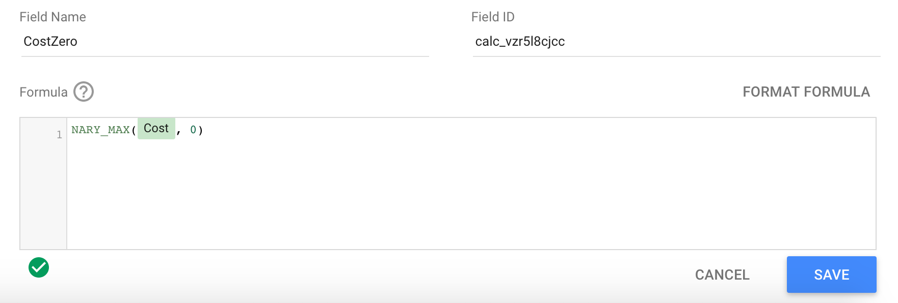 Formula for calculating cost in a field named CostZero.