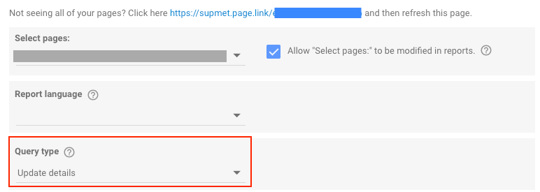 Data Studio user interface showing options for selecting pages and query type details.