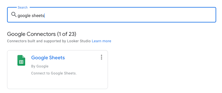 Search results for Google Sheets in Google Connectors section of Data Studio.