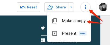 Menu options showing 'Make a copy' and 'Present' features in a software interface.