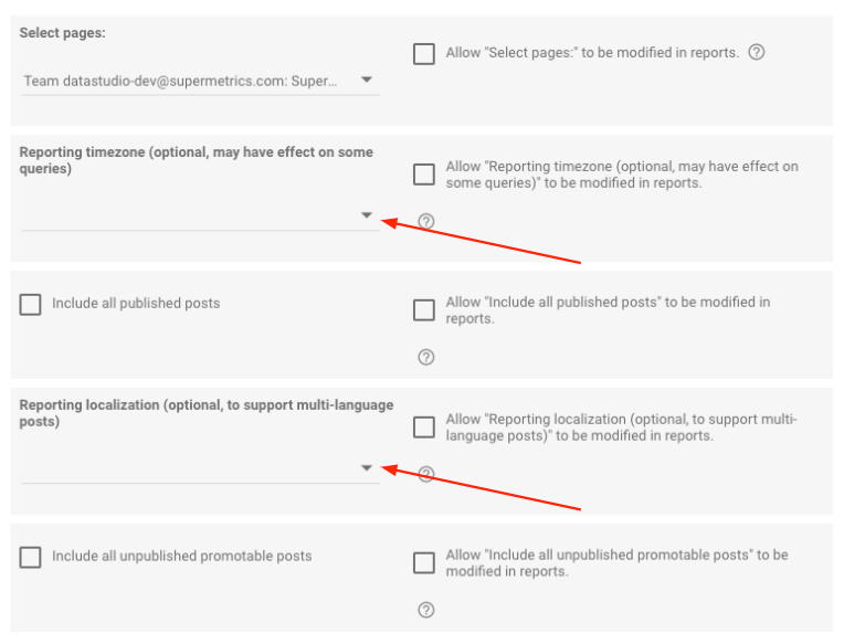 Options for selecting pages and reporting settings in Data Studio.