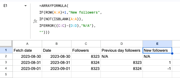 Spreadsheet showing follower counts and new followers over several dates.