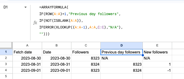 Spreadsheet showing follower data with formulas for previous day followers and new followers.