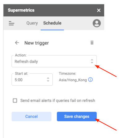 Supermetrics scheduling interface showing daily refresh action and save changes button.