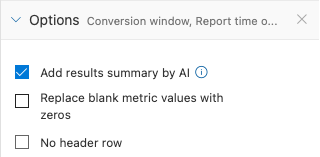 Options menu with checkboxes for report settings and AI summary feature.