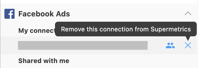 Facebook Ads connection management interface with option to remove connection from Supermetrics.