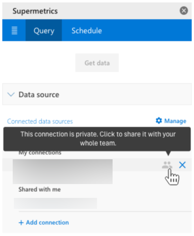 Supermetrics interface showing data source connection options and sharing settings.