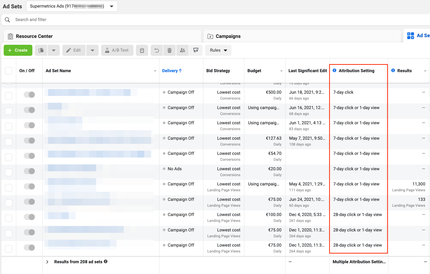 Overview of ad sets with highlighted attribution settings and performance metrics.