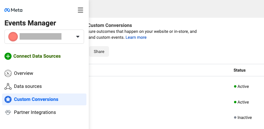 Meta Events Manager interface showing Custom Conversions and data source options.