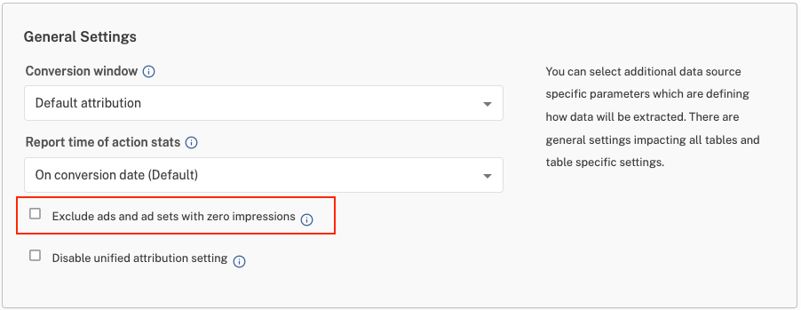 Settings for excluding ads with zero impressions in general settings menu.