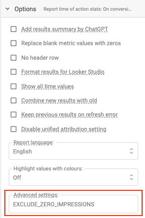 Options menu for reporting settings, highlighting the 'EXCLUDE_ZERO_IMPRESSIONS' setting.