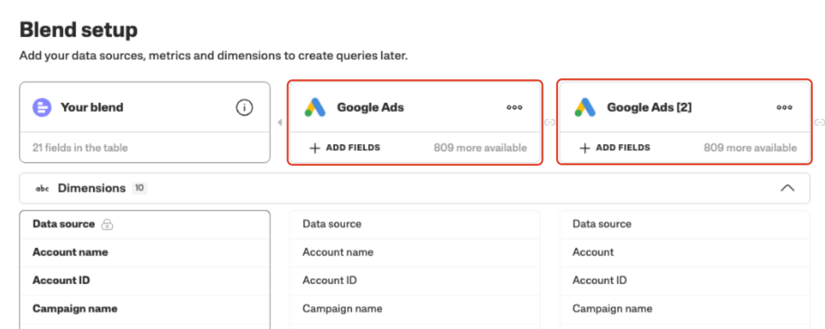 Blend setup interface showing Google Ads data sources and available fields for queries.