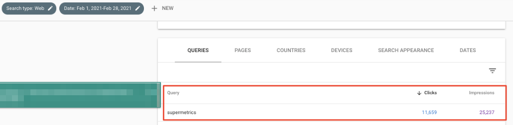 Search query data showing clicks and impressions for 'supermetrics'.