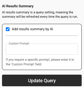 Settings panel for AI results summary with options for query updates.