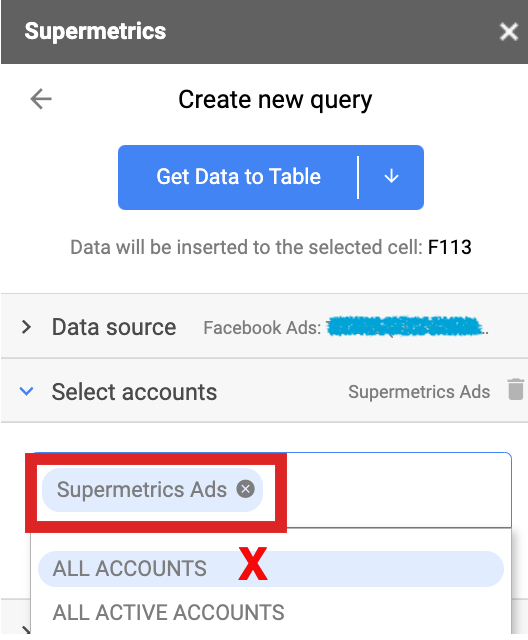 Supermetrics Ads interface showing data source selection and account options for queries, All accounts option marked with X.