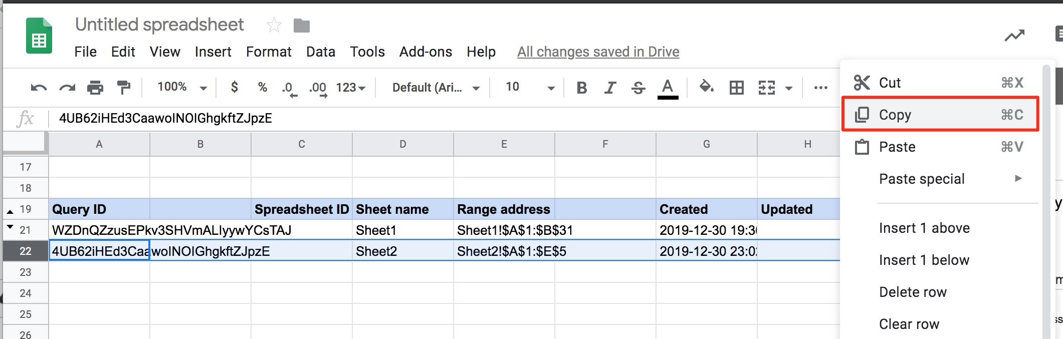 Spreadsheet showing Query ID and related details with a highlighted copy option.