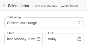 Date selection interface showing custom range from last Monday 3 weeks ago to today.