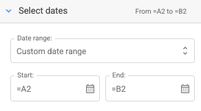 Select custom date range with start and end date fields in a spreadsheet interface.
