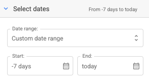 Date selection interface showing custom range from seven days ago to today.