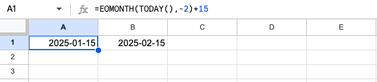 Spreadsheet showing dates calculated using EOMONTH function in Google Sheets.