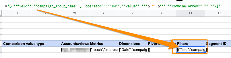 Spreadsheet showing campaign filters and metrics with highlighted filter section.