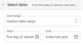 Date selection interface for custom date range from first day of January last year to today last year.
